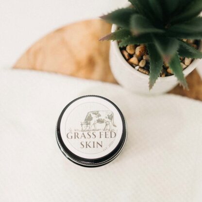 Grass Fed Skin Tallow Lip Balm image on marble table.